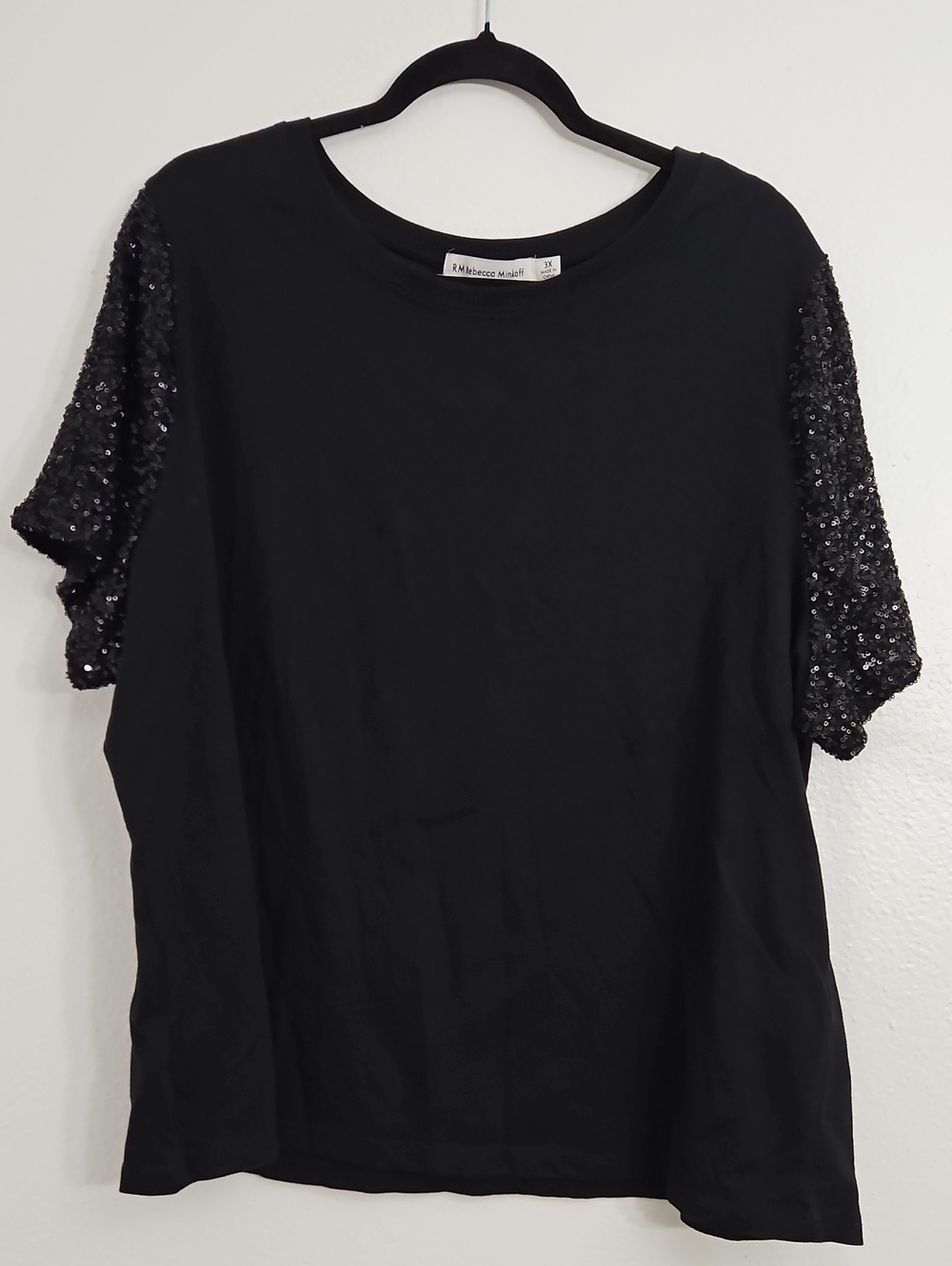 Rebecca Minkoff Black Short-Sleeve Tee with Sequin Sleeves